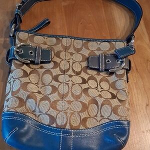 Coach Tan and Blue Signature Shoulder Bag